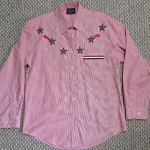 Women's Pink Striped Button Down Shirt with Star Embroidery